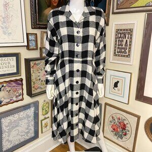 80s Vintage Act I New York Black & White Plaid Flannel Long-Sleeve Shirt Dress